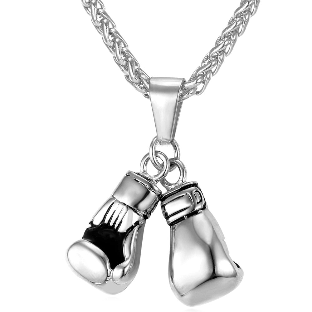 U7  Boxing Necklace for Man 24&quot; Wheat Link Chain Gloves Stainless Steel Sport GYM Fitness Fighting Pendant Sporty Punk Jewelry