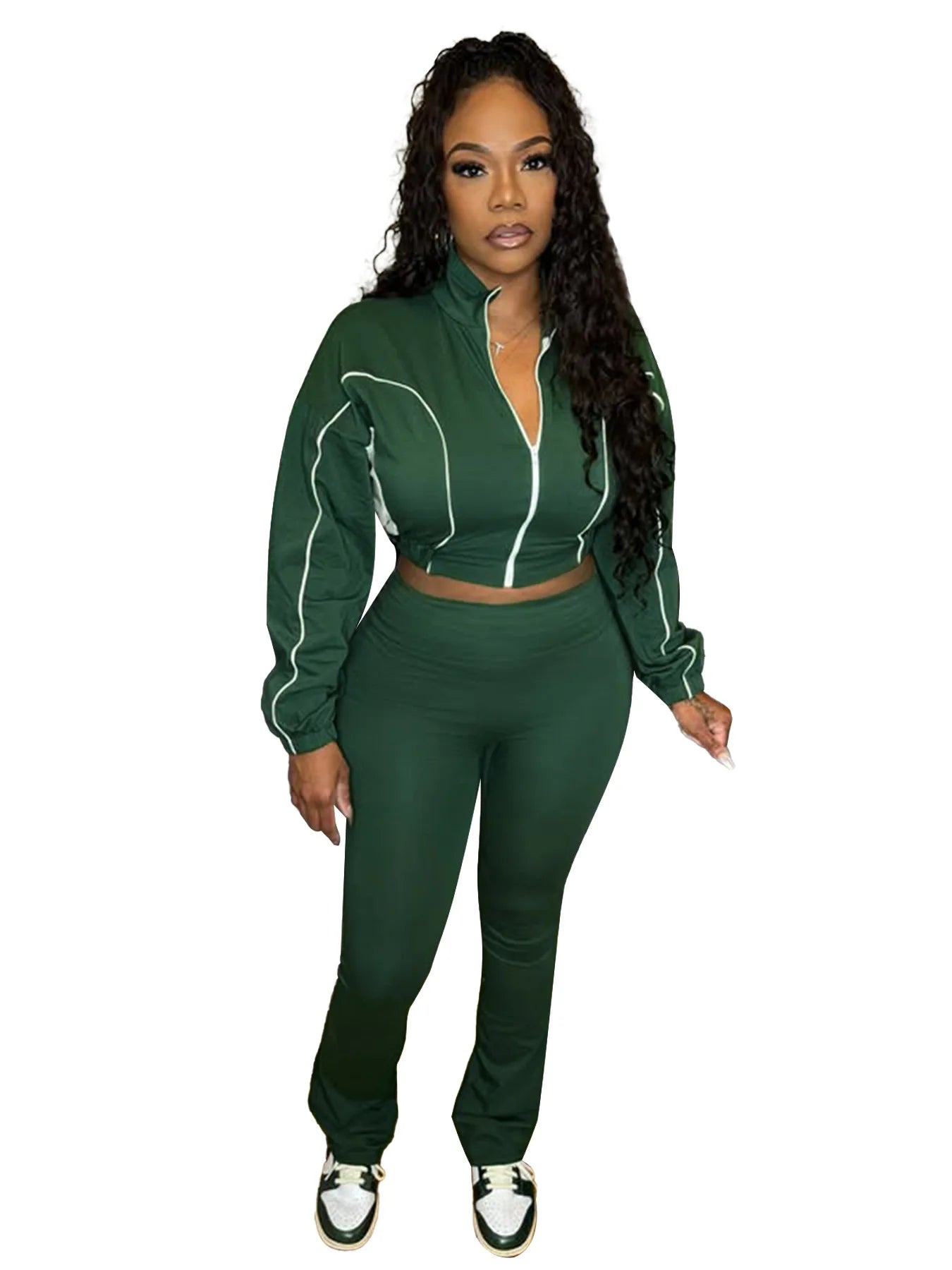 FLARORA Fashion Stripe Patchwork 2 Pcs Sets Woman Long Sleeve Zip Crop Jackets And Flare Pants Outfits Casual Street Tracksuits