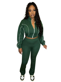 FLARORA Fashion Stripe Patchwork 2 Pcs Sets Woman Long Sleeve Zip Crop Jackets And Flare Pants Outfits Casual Street Tracksuits
