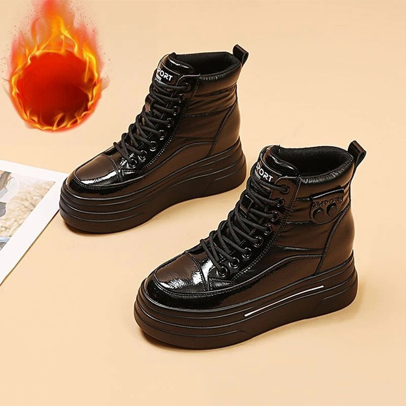 Black Winter 2024 Shoes for Women Leather Boot Snow Boots Woman Chunky Flat Platform Footwear Booties Shoe Warm Low Short Barrel