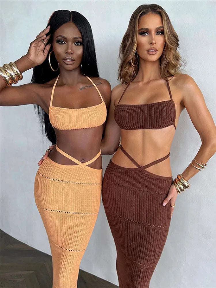 hirigin Women Knitted 2 Pieces Summer Clothing Set Sexy Tie-up Halter Crop Tops and Cross Wrapped Long Skirts Beach Clubwear