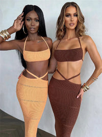 hirigin Women Knitted 2 Pieces Summer Clothing Set Sexy Tie-up Halter Crop Tops and Cross Wrapped Long Skirts Beach Clubwear