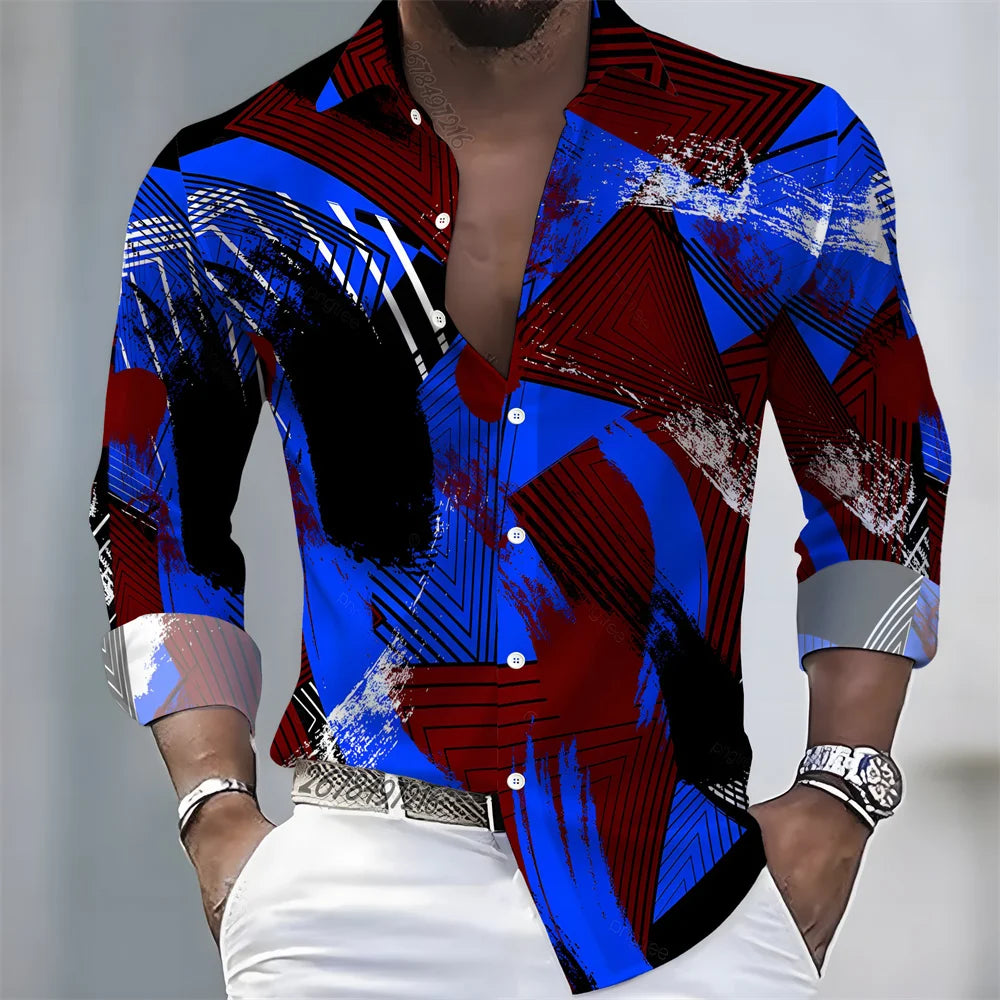 Summer lightweight men's printed long-sleeved shirt, retro floral plaid color-blocked casual shirt, Hawaiian vacation style top.
