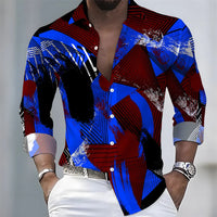 Summer lightweight men's printed long-sleeved shirt, retro floral plaid color-blocked casual shirt, Hawaiian vacation style top.