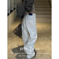 White Lined Wide Leg  Jeans Cleanfit Loose Straight Tube Micro Flared Pants Low Waist Zipper Closure Straight Leg