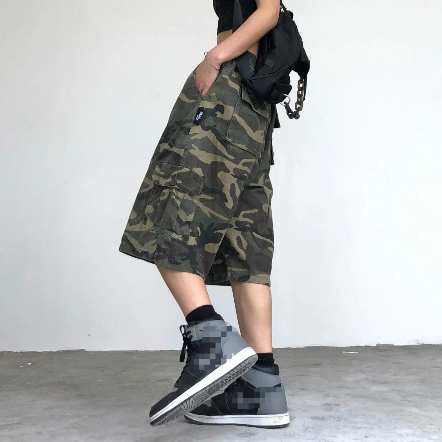 Shorts Men Clothing Loose Street Camouflage Wide-Leg Elastic Waist Casual Versatile Below Cropped Pants Knee Length Summer