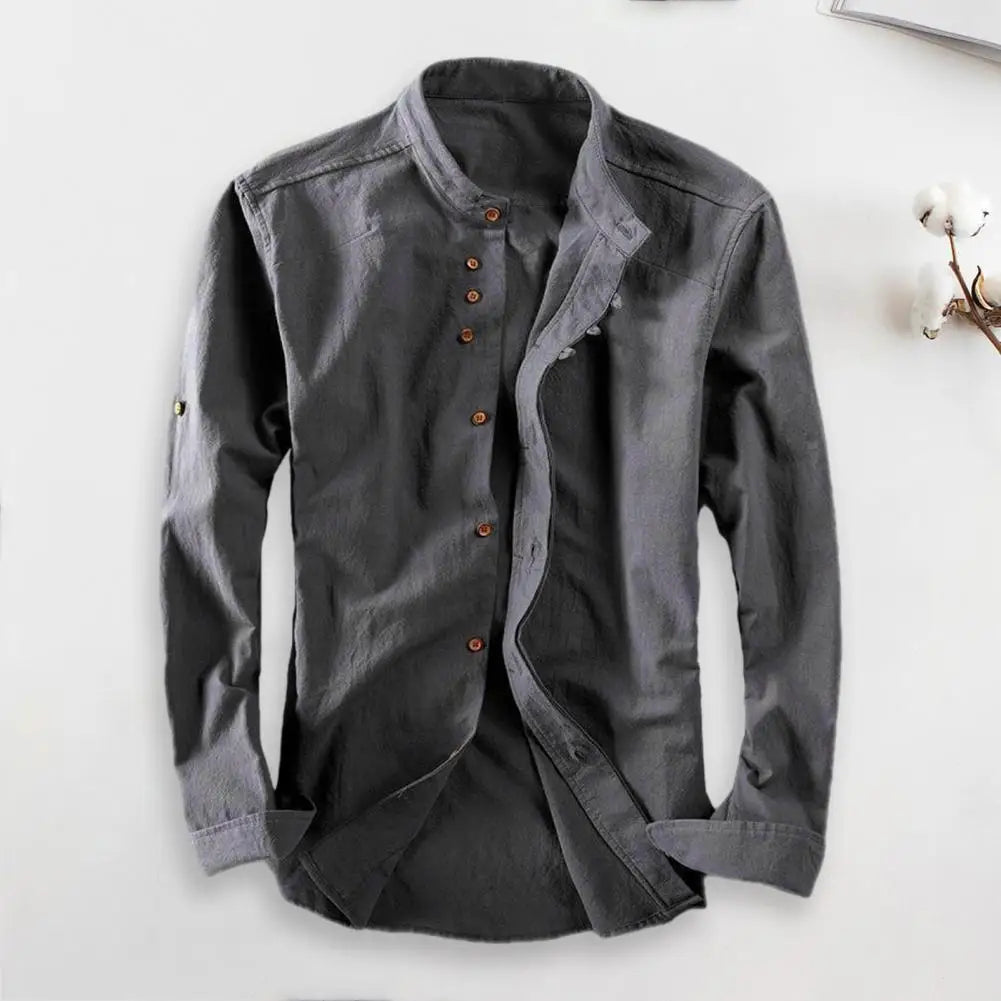 Men's Retro Buckle Long Sleeved Shirt 2025 Spring Autumn Casual Linen Buttoned Shirt Slim Fit Stand Up Collar Shirt Jacket