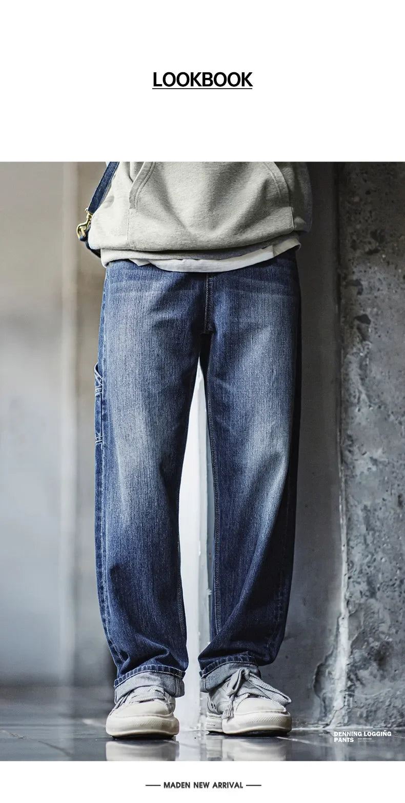 Maden Retro Blue Logging Mens Jeans with Washed Denim Loose Fit Cotton And Non-Elastic Waist Daily Wear Casual Pants