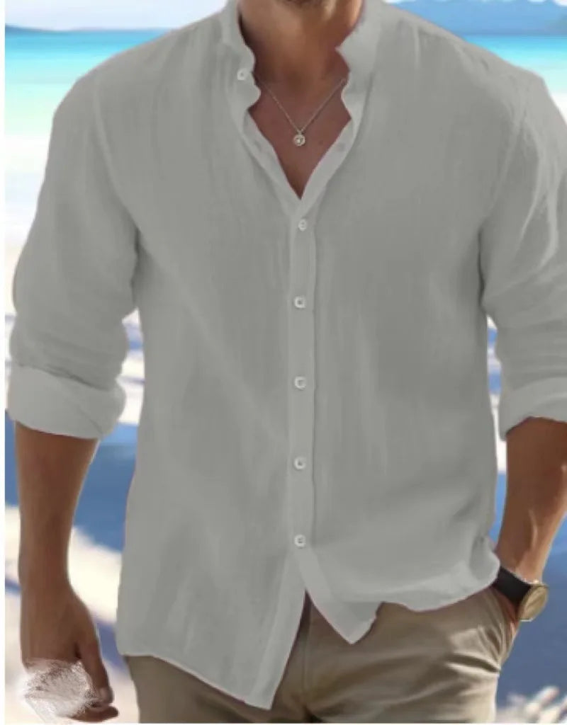 Men's Linen Button-down Shirt for Men Summer Beach Shirt Long Sleeves Plain Stand-up Collar, Spring/summer Casual Everyday Wear