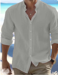 Men's Linen Button-down Shirt for Men Summer Beach Shirt Long Sleeves Plain Stand-up Collar, Spring/summer Casual Everyday Wear