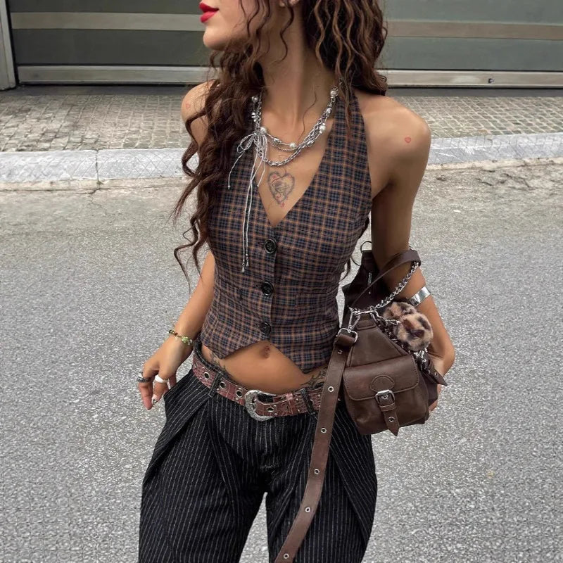 Plaid Print Vintage Cardigan V-neck Buttons Halter Casual Crop Tops Sexy Backless Sleeveless Tank Tops Fashion Streetwear Vest