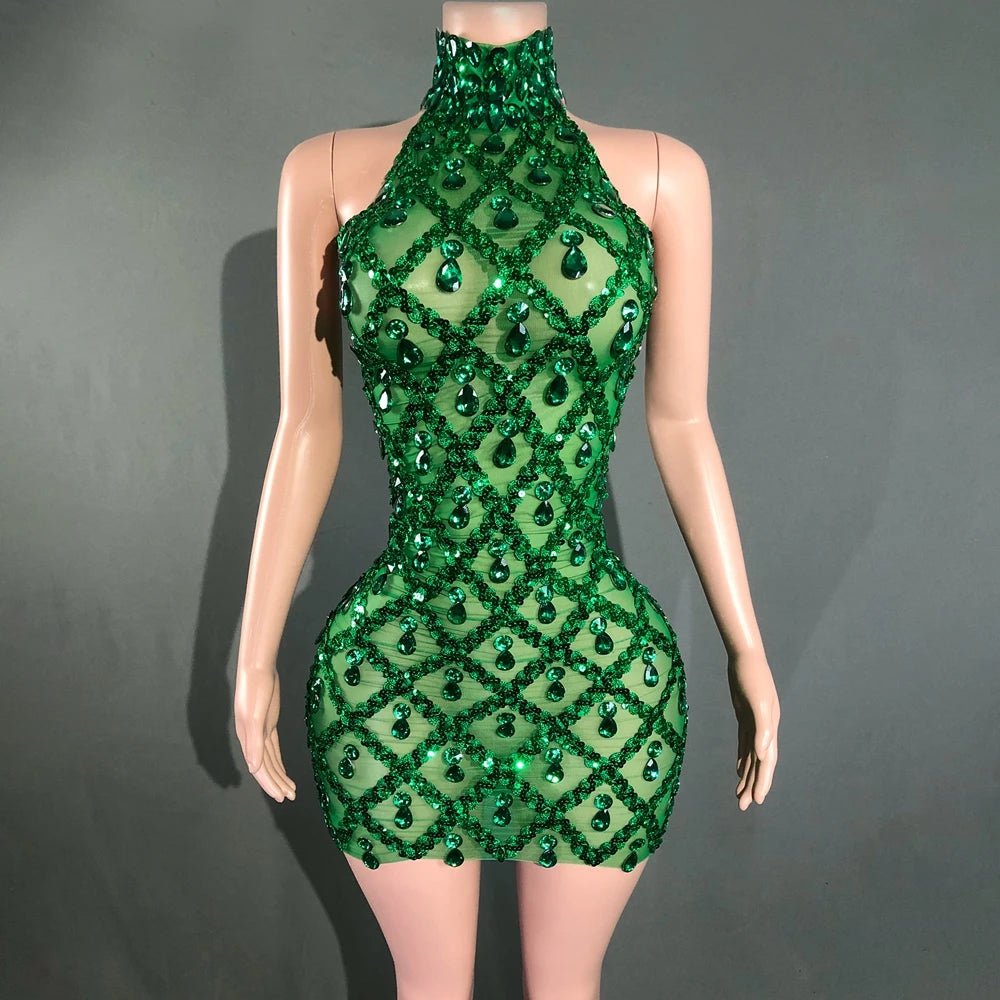 Sparkly Rhinestones Short Dress for Women Sexy Mesh Transparent Celebrate Evening Prom Event Birthday Dress Photo Shoot Wear