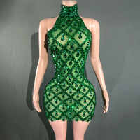 Sparkly Rhinestones Short Dress for Women Sexy Mesh Transparent Celebrate Evening Prom Event Birthday Dress Photo Shoot Wear