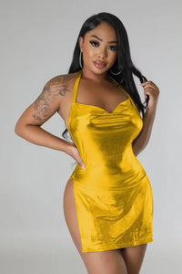 GUWU Shiny Metallic Party Night Club Mini Dress Women Clothing Halter Backless Double Side Split Sexy Hollow Out Short Dresses
