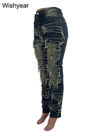 Vintage Pencil Pants Ripped Spliced Women Jeans Distressed Stretch Denim Trouser Wash Dark Blue Skinny Pockets Punk Style y2k