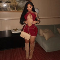 HLJ&GG Sexy Hot Girl Lace Hollow Halter Bodycon Mini Dresses Women Backless Sleeveless Slim Vestidos Fashion Party Club Clothing