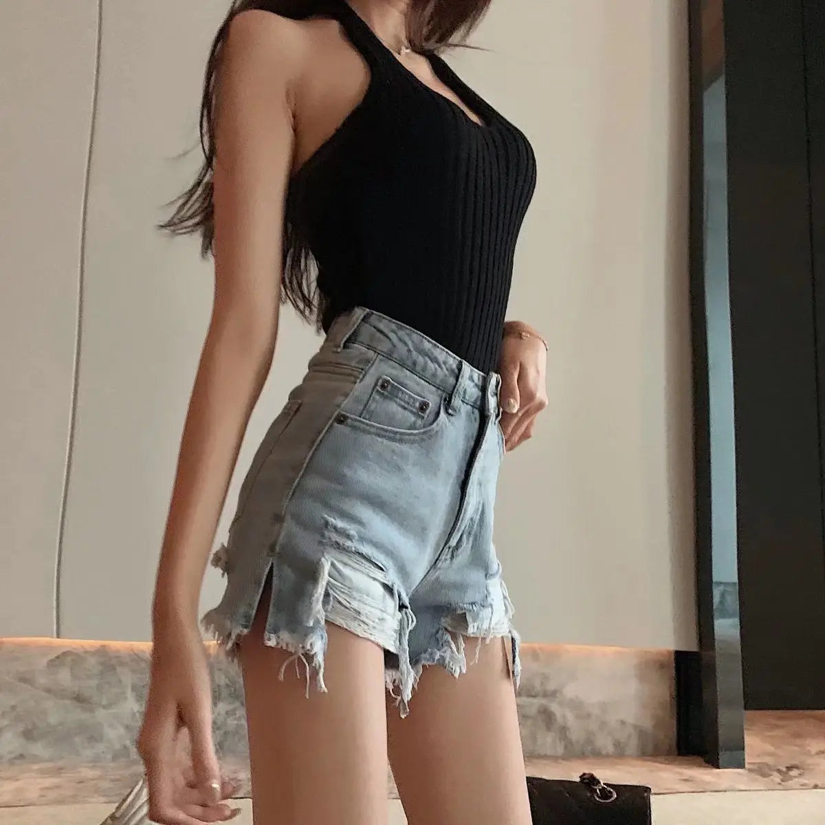 Ripped Denim Shorts for Women with High Waist and Hip Loose A-line Wide-leg Hot Pants