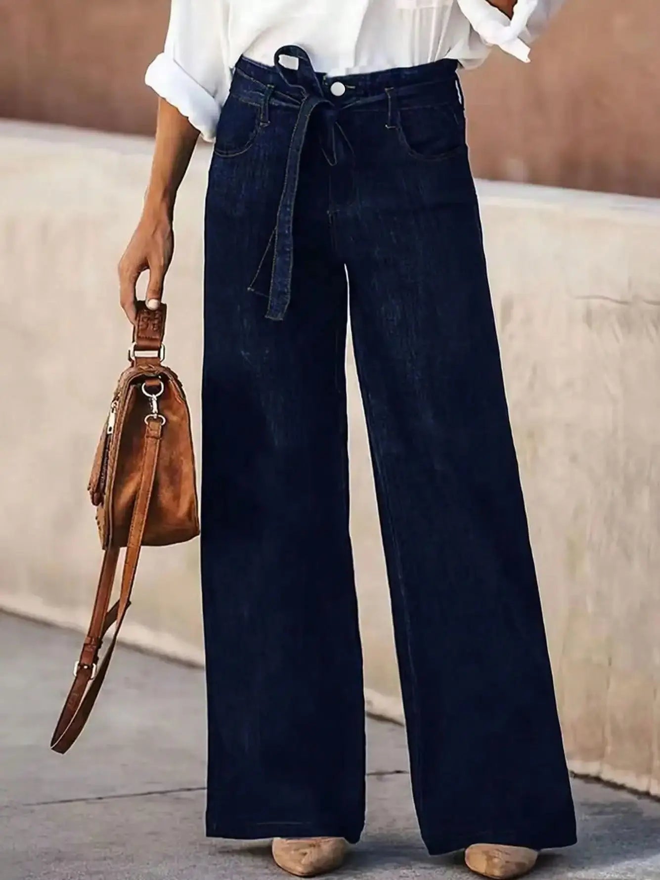 Women's Wide Leg Denim Jeans with Belt - Stylish and Comfortable Loose Fit Trousers for Everyday Wear