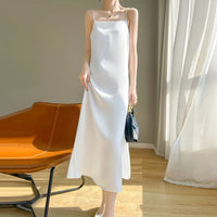 2025 New Model One Collar French High-end Silk Camisole Dress.  Solid Color Base Long Skirt