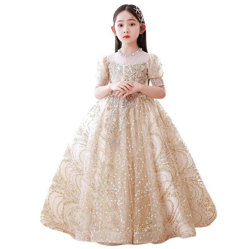 Luxury Birthday Party Dress for Girls Long Evening Gown Cocktail Pageant Kids Formal Occasion Dresses Prom Sequin Princess Child