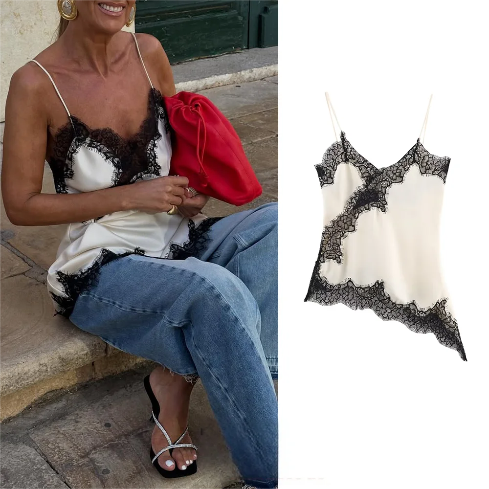 KONDALA Sexy Chic Black Lace Cami Tops Women V Neck Patchwork Sleeveless Y2K Girl Top Fashion 2025 Summer Fall Holiday Beach Top