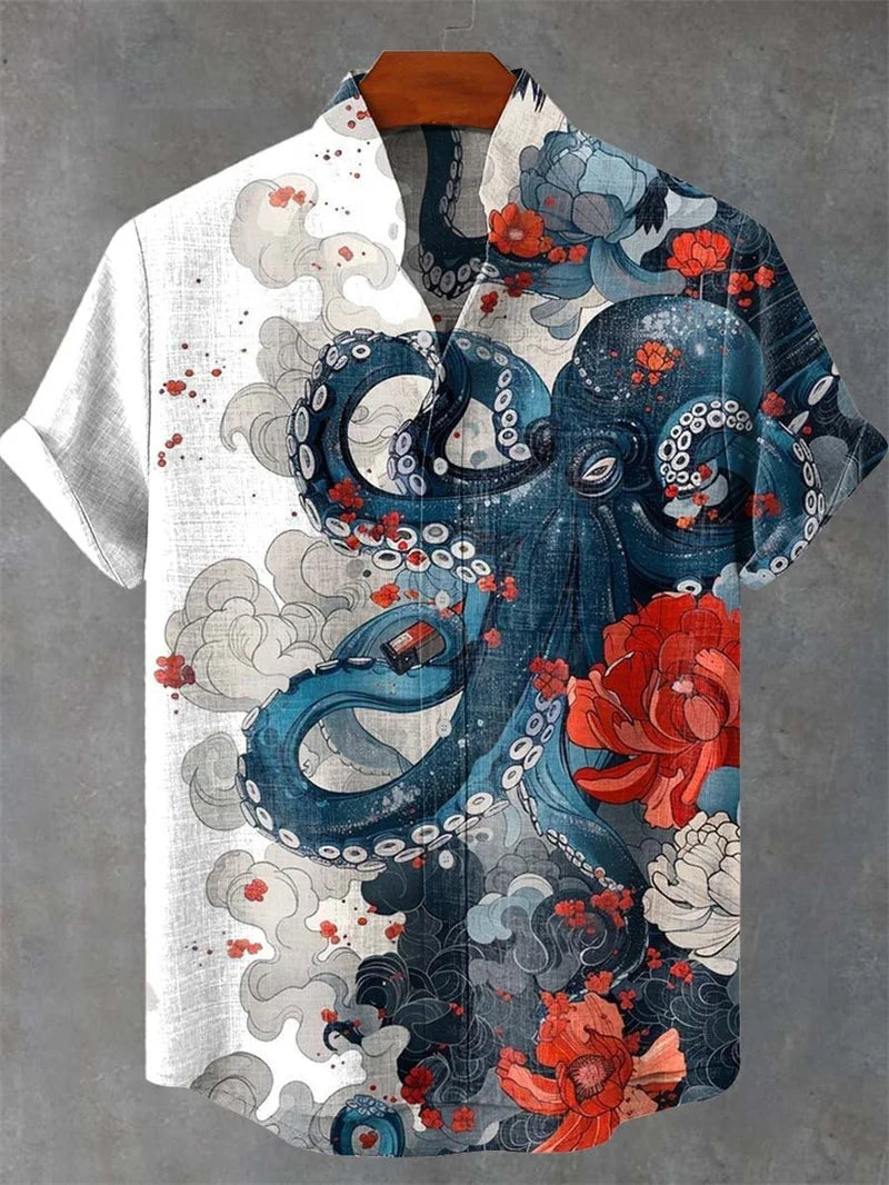 Men's Short Sleeve Linen 100% Shirt 3D Octopus Print Funny Art Hawaiian Leaf Flip-Collar Shirt New Collection