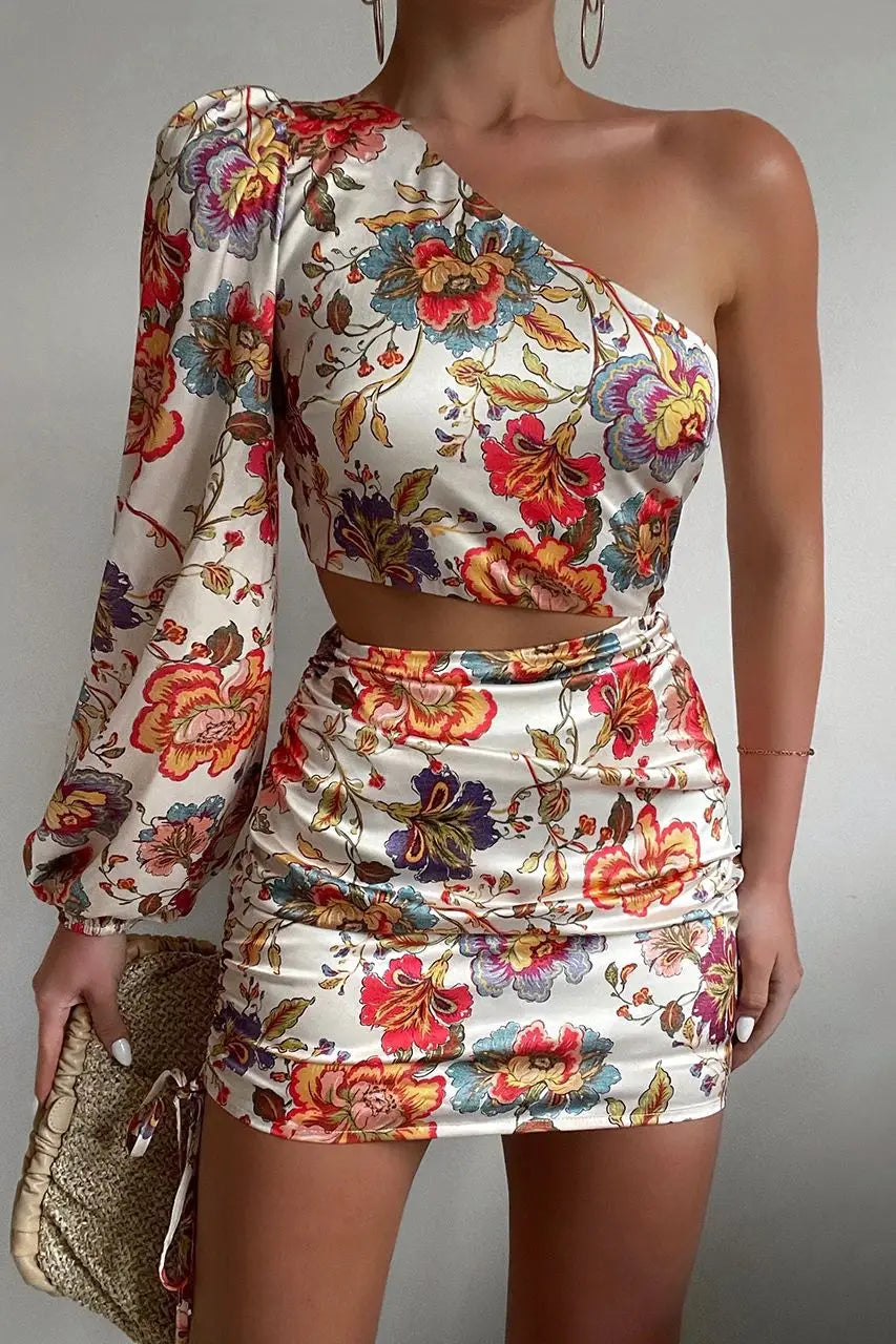 Fashionable Printed Summer New Sexy Slant Neck Single Shoulder Sleeve Off Shoulder Top Off Waist Women's Casual Short Dress