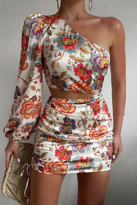 Fashionable Printed Summer New Sexy Slant Neck Single Shoulder Sleeve Off Shoulder Top Off Waist Women's Casual Short Dress