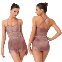 Women Tassel Latin Jazz Salsa Leotard Dance Dress Tango Dance Costumes Sheer Mesh Patchwork Rhinestones Fringed Bodysuit Dress