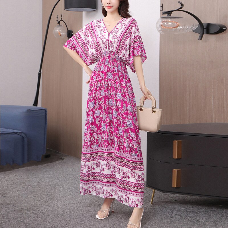 Summer Poplin Dresses Women Round Neck Puff Short Sleeve A Line Print Dresses Ethnic Style Tight High Waist Long Dress 2023