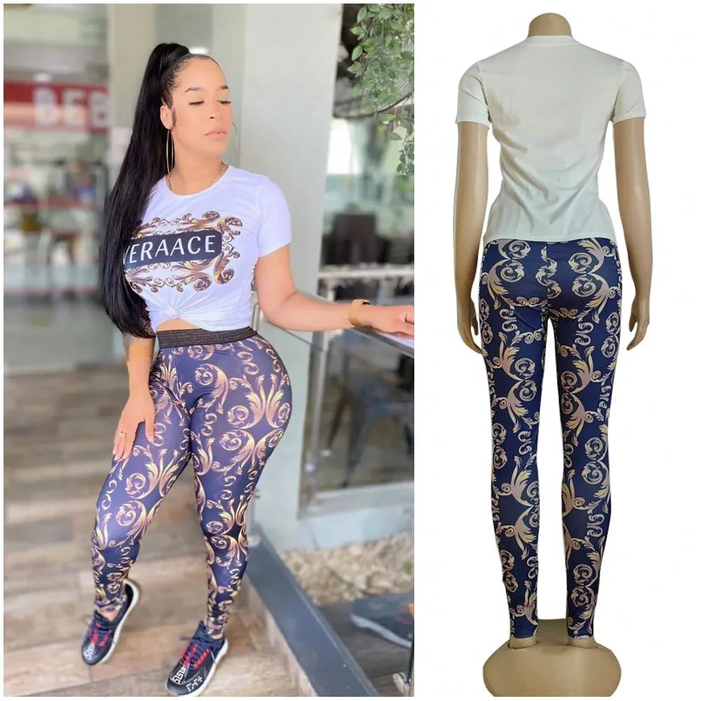 Women Two Piece Sets Slim Fit Hip Lift Suit Luxury Letter Print Neck Short Sleeve T-Shirt Crop Top Pencil Pants Tracksuit Juicy