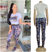 Women Two Piece Sets Slim Fit Hip Lift Suit Luxury Letter Print Neck Short Sleeve T-Shirt Crop Top Pencil Pants Tracksuit Juicy