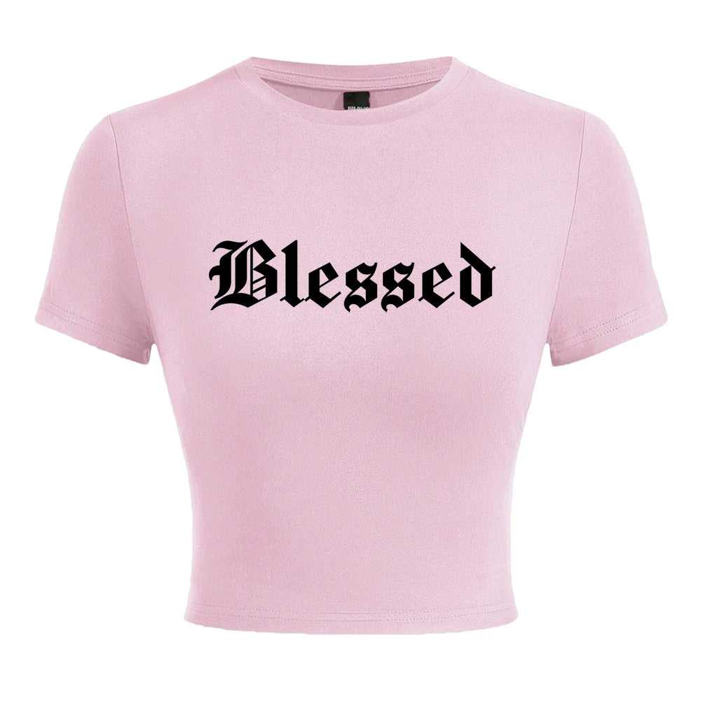 Blessed Creativity Letter T Shirt Women Street Casual Tees Soft Tight Fitting Short T-Shirt Elastic Comfortable Tee Clothes