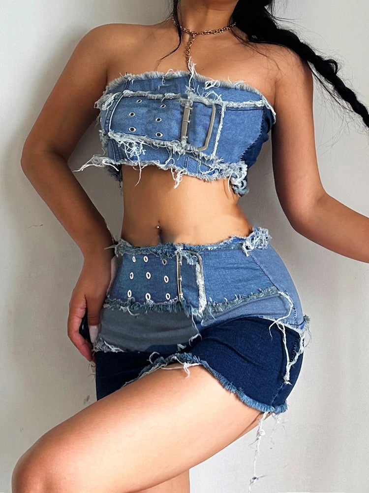 Weekeep Cargo Style Denim Tube Top Chic Big Belt Patchwork Strapless Corset Tops Women y2k Aesthetic Crop Tanks Sexy Streetwear