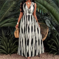Women's Dress New Summer Sexy Fashion V-neck Top Lace-Up Printed Pleated Waist Sleeveless Slim Fit Boho Maxi Dresses For Women