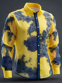 New Orange Bottom Geometric Diamond Wings Printed Men's Long Sleeve Shirt with Collar and Satin Shirt Clothing