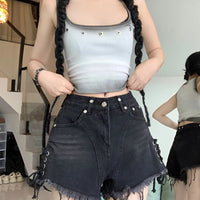 Sweet and Spicy Denim Shorts for Women New Style Design Burrs Strap Straight Pants