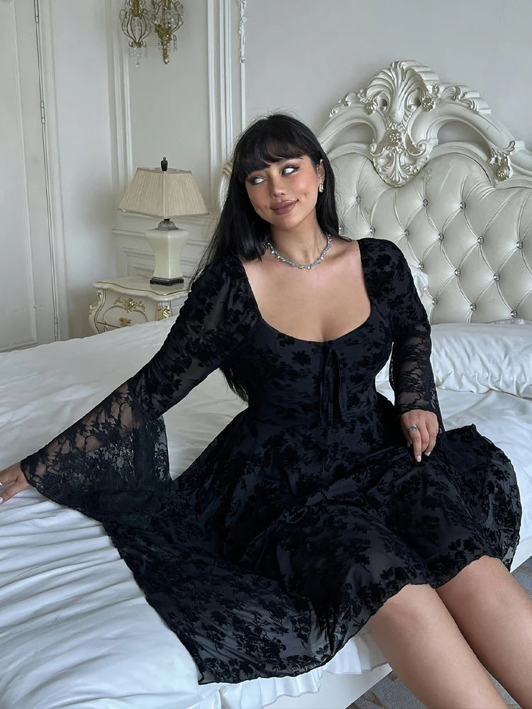 Hot seller Halloween Plus Size Ruffled Trumpet Sleeves Elastic Drawstring Women Short Skirt Gothic Floral Lace Square Neck Dress