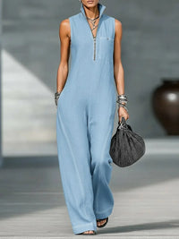 Elegant High Street Linen Cotton Jumpsuit Casual Sleeveless Stand Collar Pockets Loose Party Playsuits Fashion Solid Romper