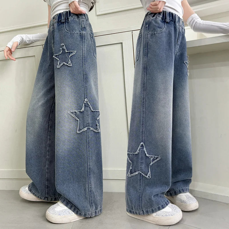 Girls Jeans 2025 Spring Autumn New Fashion Star Pattern Casual Denim Pants School Kids Trendy Teenage Children's Trousers 5-14T
