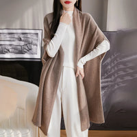 Spring Women's 100% Wool Knitted Shawl Soft Warm Knitwear Long Cardigan Female Cloak Wraps Shoulder Neck Protect Poncho Dual Use