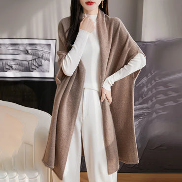 Spring Women's 100% Wool Knitted Shawl Soft Warm Knitwear Long Cardigan Female Cloak Wraps Shoulder Neck Protect Poncho Dual Use