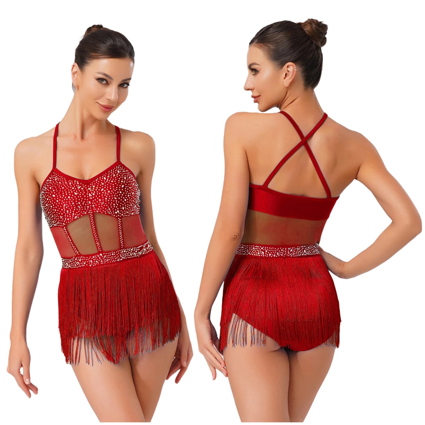 Women Tassel Latin Jazz Salsa Leotard Dance Dress Tango Dance Costumes Sheer Mesh Patchwork Rhinestones Fringed Bodysuit Dress