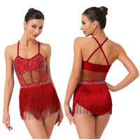 Women Tassel Latin Jazz Salsa Leotard Dance Dress Tango Dance Costumes Sheer Mesh Patchwork Rhinestones Fringed Bodysuit Dress
