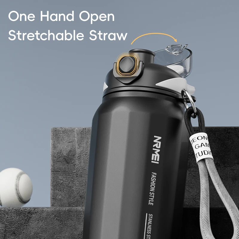 One Button Open Water Bottle with Lifting Rope, Large Capacity Stainless Steel Thermos Bottle,Outdoor Sport Vacuum Flasks
