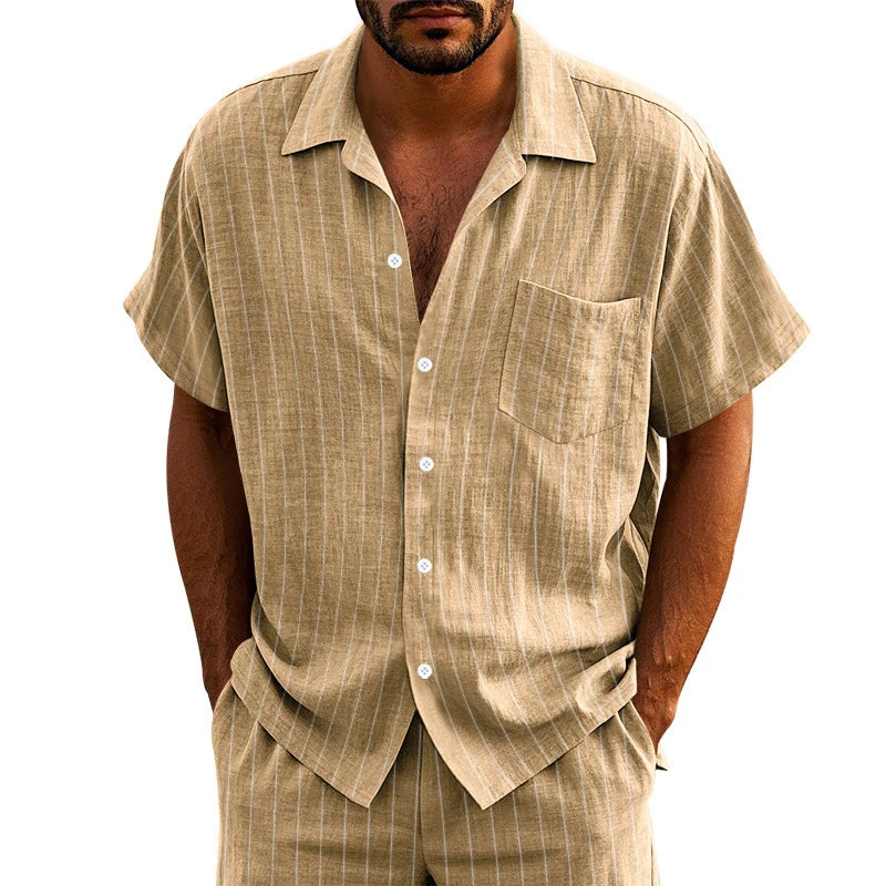 New Casual Mens Linen Shirts Summer Leisure Breathable Loose Short Sleeve Striped Shirt For Men Outdoor Fashion Button Lapel Top