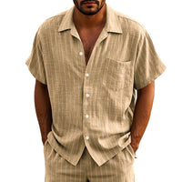New Casual Mens Linen Shirts Summer Leisure Breathable Loose Short Sleeve Striped Shirt For Men Outdoor Fashion Button Lapel Top