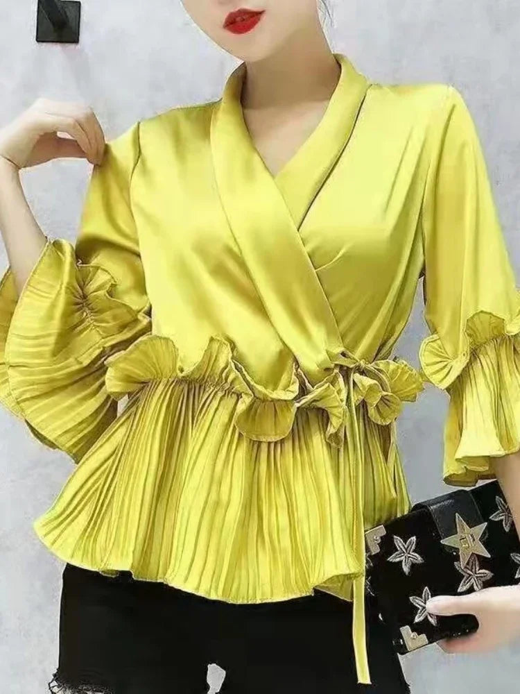 Spring And Summer New Female Deep V-neck Ruffles Lace Up Stain Shirt Women's Three Quarter Sleeve Shirts Women Blouses