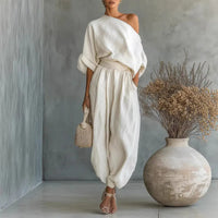 Elegant Skew Collar Long Sleeve Top & Casual Pants Set Woman Sexy Hollow Out Solid Suit Outfit Spring Fall Loose Female Clothing