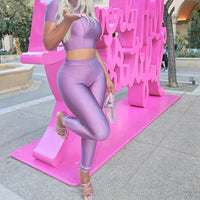 Fashion Sports Clothes Set for Women Short Sleeve Top and Skinny High Waist Pants Solid Gym Outfits Casual Streetwear Trousers